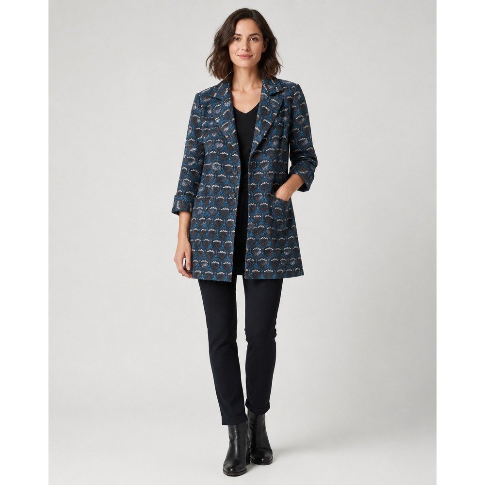Nine West Coat Womens Petite‎ Medium Blue Brown Silk Rayon Geometric Print Lined